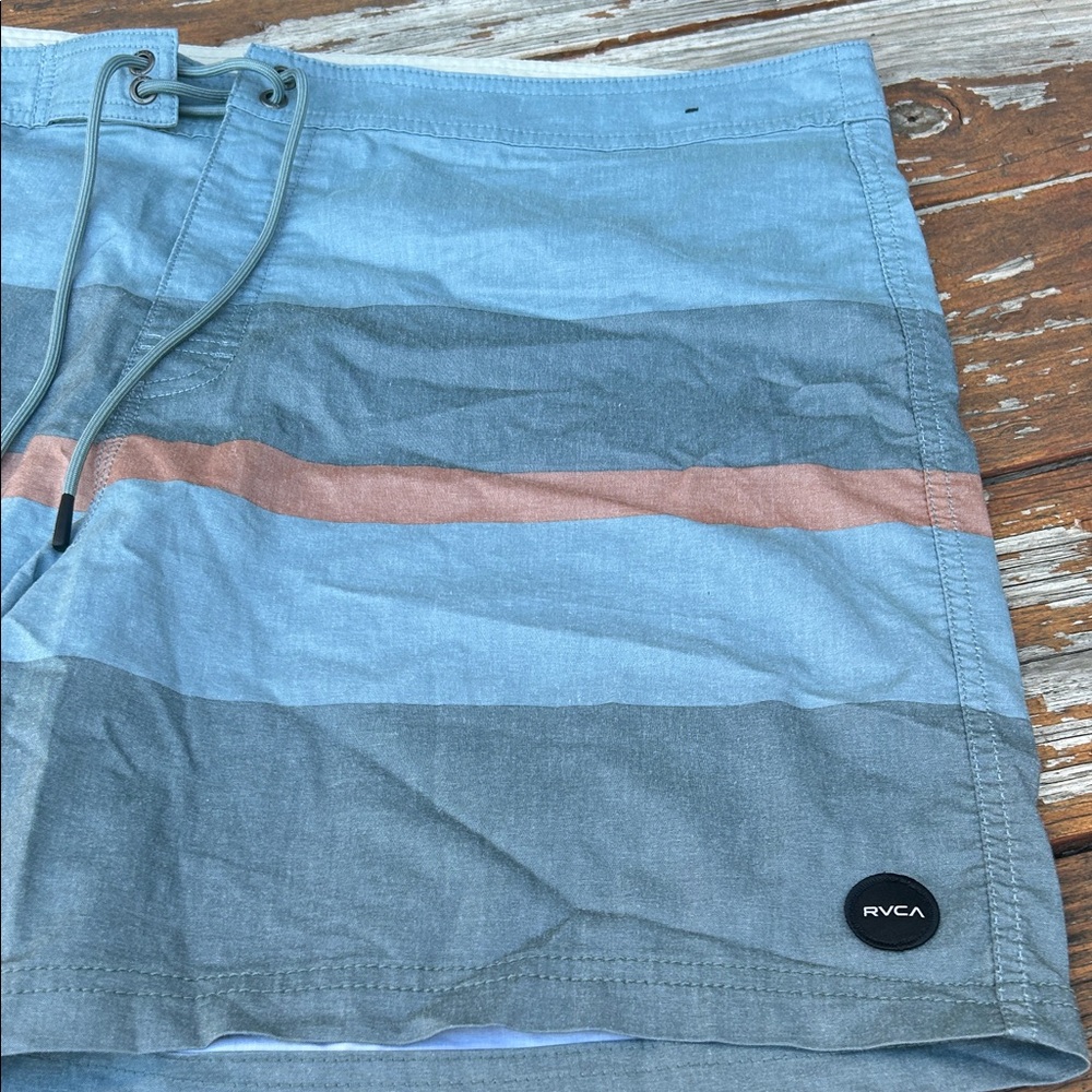 RVCA Men’s Light Blue, Gray & Rust Stripe Board Shorts